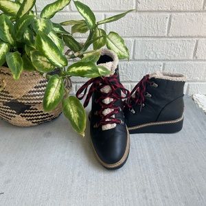 Black Waterproof Hiker Boots with Red Laces and Slight Heel